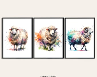 Sheep Watercolour Print Poster - Set of 3 Pictures | Farm Prints | Paintings | Water color Present Gifts | Artwork Decor | Lamb Wall Art