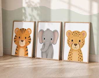 Kids Safari Nursery Prints - Animal Playroom Set of 3 Posters, Children's Bedroom Decor