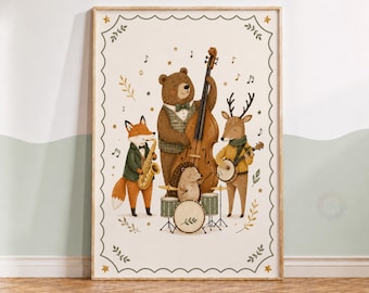 Woodland Animal Band Nursery Print - Toddler Wall Art, Kids Playroom Decor