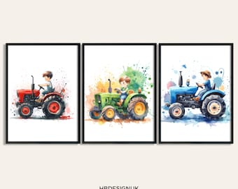 Kids Tractor Poster Set - Set of 3 Prints | Bedroom Decor for Boys Room | Kids Nursery Wall Art | Watercolour Print | Farm Print