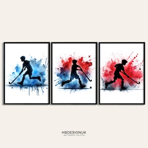 Boys Hockey Poster Print - Set of 3 Hockey Art Prints | Watercolour Hockey Wall Art | Boys Gift for Hockey Player | Hockey Room Artwork