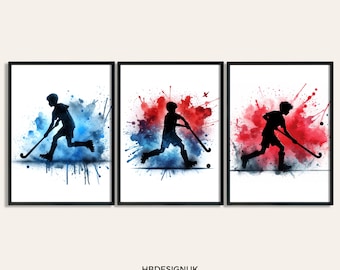 Boys Hockey Poster Print - Set of 3 Hockey Art Prints | Watercolour Hockey Wall Art | Boys Gift for Hockey Player | Hockey Room Artwork