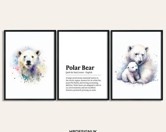Conjunto de carteles de oso polar - Conjunto de 3 impresiones / Impresión de oso polar de acuarela / Decoración colgante de pared / Arte de pared de animales / Regalos de vida silvestre / Obras de arte