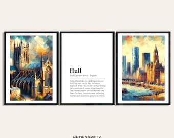 Hull Poster Prints - Set of 3 Posters | Watercolour Wall Art Decor | Travel Poster | UK Wall Hanging | Artwork Gift | Kingston Upon Hull