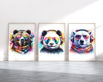 Arte de videojuegos de animales: juego de 3 impresiones de gamer, decoración de dormitorio infantil, videojuegos, decoración de sala de juegos, arte de pared gamer, pósteres