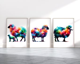 Sheep Print Set - 3 Watercolour Posters | Farm Prints | Sheep Paintings | Watercolor Present Gifts | Artwork Picture Decor | Lamb Wall Art