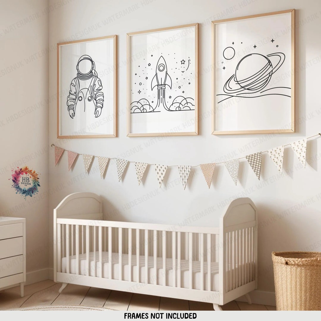 Nursery Space Wall Art - Set of 3 Line Drawing Posters | Boys Bedroom ...