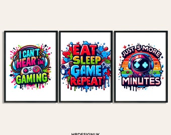 Eat Sleep Game Repeat Poster Print - Set of 3 Gamer Prints | Game Bedroom Decor | Gift Gamers | Gaming Room Artwork | Video Game Wall Art