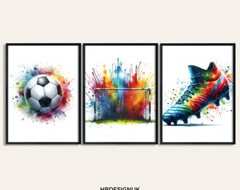 Soccer Print Posters - Soccer Wall Art Set of 3 | Boys Bedroom Decor | Soccer Player | Colourful Football Print | Football Gifts | Art Print