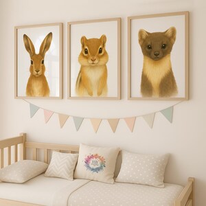 Woodland Animal Print Set - 30 Design Choices, Hare Chipmunk P.Marten, Baby Bedroom Decor, Boys Girls, Forest Nursery Prints, Kids Wall Art