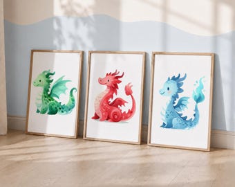 Dragon Nursery Decor Prints – Set of 3 Kids Dragons Posters, A3 A4 Wall Art