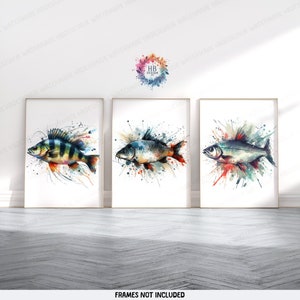 British Fishing Wall Art - Set of 3 Fish Prints | Fishing Gifts for Men | Watercolour Art | Angler Illustration Prints | Angling Gift