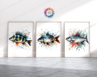 British Fishing Wall Art - Set of 3 Fish Prints | Fishing Gifts for Men | Watercolour Art | Angler Illustration Prints | Angling Gift