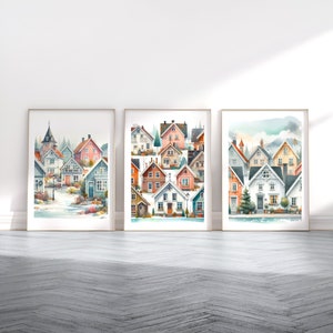 Scandinavian Houses Poster Set - 3 Watercolour Prints | Scandi Wall Art | Scandanavian Design | Colourful House Artwork | Nordic Home Decor