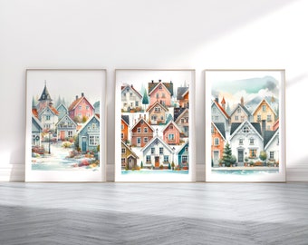 Scandinavian Houses Poster Set - 3 Watercolour Prints | Scandi Wall Art | Scandanavian Design | Colourful House Artwork | Nordic Home Decor