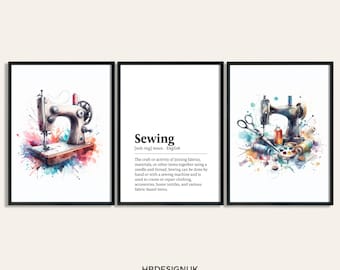 Sewing Poster Set - Set of 3 Prints | Watercolour Print | Sewing Picture | Wall Art | Craft Room Decor | Gift for Sew Lover | Birthday Gift