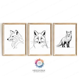 Minimalist Fox Wall Art - Black and White Prints | Foxes Artwork | Animal Decor | Line Drawing Poster Design | Minimal Abstract Sketch
