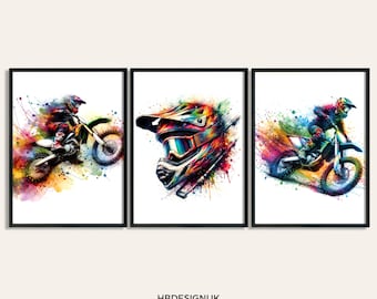 May include: A set of three framed art prints featuring vibrant, multi-colored watercolor-style illustrations of motocross riders on dirt bikes and a protective helmet. The text HBDESIGNUK ART PRINTS ON ETSY is printed at the bottom center.