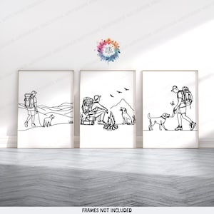 Arte de pared minimalista de senderismo: juego de 3 carteles, impresiones para exteriores, arte lineal de hombre con perro, decoración del hogar con bosque, regalos de naturaleza para excursionistas, monoline
