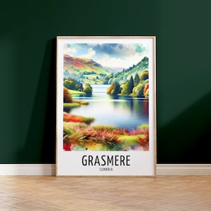 Grasmere Travel Print - Watercolour Poster Design | Wall Artwork | Cumbria UK Gifts | Home Decor | Wall Art Gift | Lake District Picture