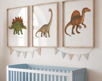 Watercolour Dinosaur Print Set | Kids Room Wall Art | Boys Nursery Dino Decor | Baby Room Posters | Cute Dinosaur Art for Children