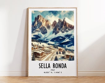 Sella Ronda Ski Poster Print - Watercolour Art Decor  | Travel Wall Artwork | Skiing Gifts | Italy Dolomites | Ski Resort | Gift Snowboard