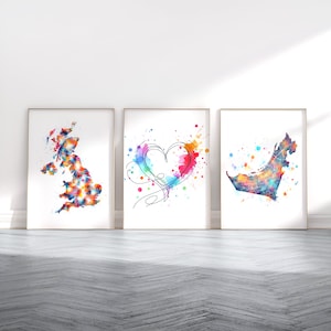 Verenigd Koninkrijk naar Dubai - gepersonaliseerde kaartposter | Kaarten muurkunst | Aangepaste kamerdecoratie | Britse print | Aquarelontwerp voor reizen | Koppelkunstwerk