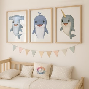 Ocean Nursery Prints - 30 Design Choices, Hammerhead, Whale, Narwhal, Baby Bedroom Decor, Boys Girls Ocean Print, Kids Sea Life Wall Art