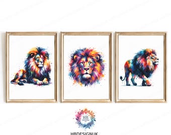 Watercolour Lion Print Set - Colourful Animal Print | Safari Animal Gift | Lion Painting | Abstract Poster | Lion Head Artwork | Wall Art