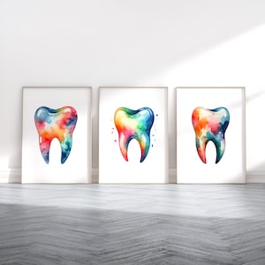 Buntes Zahnarzt Print-Set - 3 Poster | Büro Dekor | Klinik Wand Kunst | Kieferorthopädische Kunst | Aquarell Drucke | Teeth Hygiene Geschenk