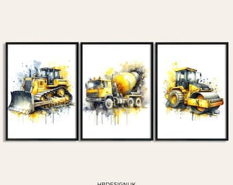 Muurkunst bouwvoertuig - set van 3 aquarelposters | Jongensslaapkamerkunstwerk | Autokunst aan de muur | Kamerdecoratieafdrukken | Foto's