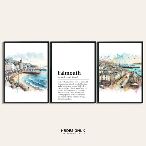 Falmouth Print Set - Set of 3 Watercolour Posters | Cornwall Travel Prints | Falmouth Poster Pictures | UK Wall Art | Artwork Decor