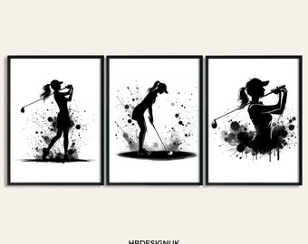 Girl Golf Women Print - Set of 3 Golfing Prints | Black Watercolour Girl Golfer Wall Art | Posters for Golf Lover | Women Decor Room Artwork