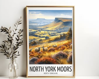 May include: A vintage-style poster with a scenic view of the North York Moors in England. The poster features a landscape with rolling hills, green fields, and a distant mountain range. The sky is a light blue with white clouds. The poster has the text "North York Moors" and "North Yorkshire" printed on it.