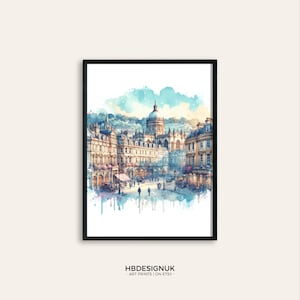 May include: A watercolor painting of a city street with a large building in the background. The building has a dome and is surrounded by other buildings. The street is lined with trees and there are people walking on the sidewalk.