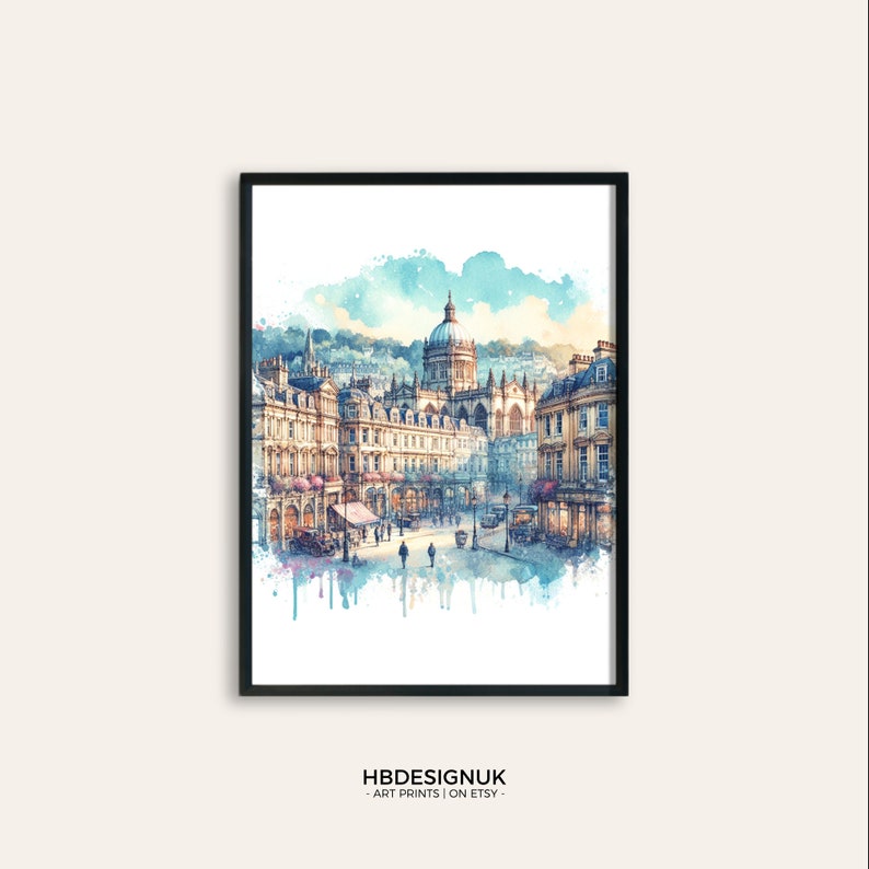 May include: A watercolor painting of a city street with a large building in the background. The building has a dome and is surrounded by other buildings. The street is lined with trees and there are people walking on the sidewalk.