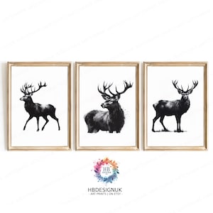 Stag Print Set - Black and White Prints | Stag Deer Artwork | Modern Decor | Farmhouse Decor Wall Art  | Abstract Country Home Poster