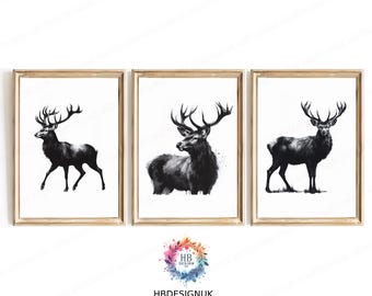 Stag Print Set - Black and White Prints | Stag Deer Artwork | Modern Decor | Farmhouse Decor Wall Art  | Abstract Country Home Poster
