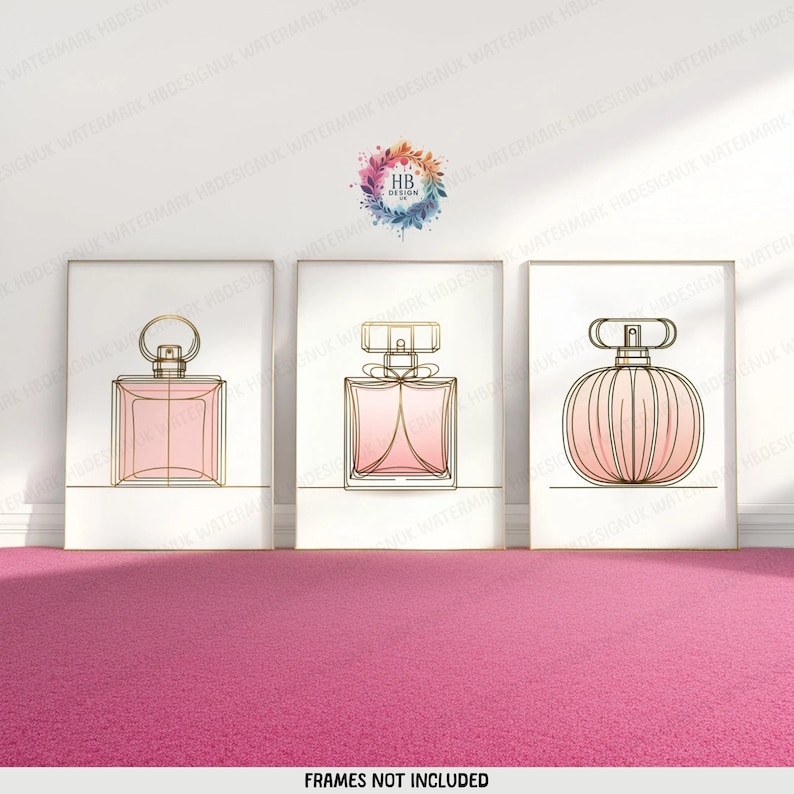 Minimalist Perfume Prints Set of 3 Posters Pink and Gold Room Decor