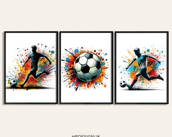 May include: Three framed prints featuring a soccer player in action with a colorful paint splatter background. The middle print features a close-up of a soccer ball.
