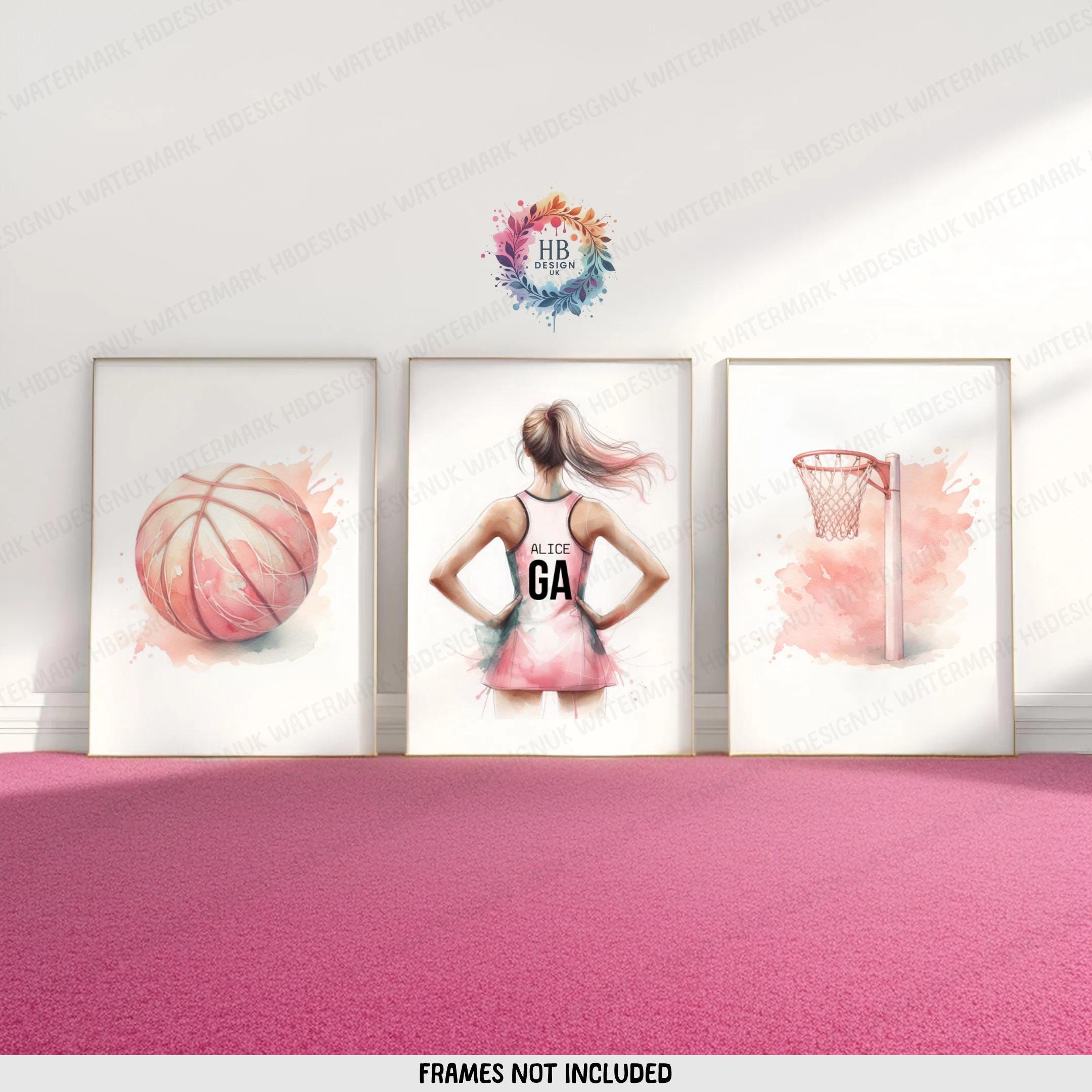 Netball Vector Pink Pink Girls Netball Print Set - 3 Personalised Netballer Prints | Custom ...