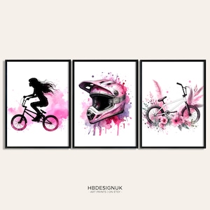 BMX Girl Print - Set of 3 Pink Prints | BMX Poster Bedroom Decor | Gift for BMXing | Bike Artwork | Biking Watercolour Wall Art Images