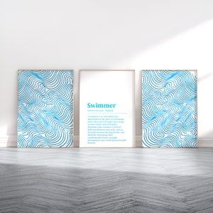 Swimming Print Set - 3 Posters | Gift for Swimmer | Abstract Swim Art | Pool Wall Artwork | Minimalist Definition Prints | Blue Gift