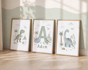 Personalised Dinosaur Print Set - 3 Green Bedroom Prints, Custom Dino Boys Room Decor
