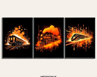 Set di poster del treno al neon - 3 stampe arancioni / Opere d'arte per la camera da letto dei ragazzi / Arte della parete della locomotiva / Opere d'arte per la decorazione della stanza / Immagini dei treni a vapore per bambini