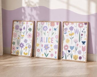 Wildflower Nursery Prints - Personalized Girl Floral Bedroom Decor, Set of 3 Posters