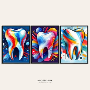 Dentist Wall Art - 3er Set Poster | Büro Dekor | Bunte Kieferorthopädische Klinik Kunst | Aquarell Drucke | Abstraktes Hygiene Geschenk