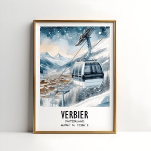 Verbier Ski Poster Print - Watercolour Art Decor  | Travel Wall Artwork | Skiing Gifts | Switzerland Skier | Ski Resort | Gift Snowboard