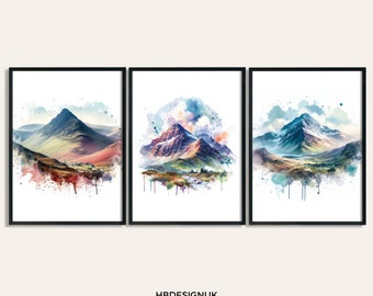 3 Peaks Art Print Set - Set of 3 Watercolour Posters | Snowdon, Scafell Pike, Ben Nevis Prints | Poster Pictures | Wall Art | Artwork Decor