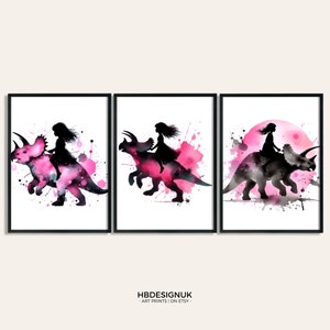 Kids Dinosaur Wall Art Prints - Set of 3 Watercolour Wall Posters | Triceratops Paintings | Girls Room Gifts | Artwork Decor | Dinosaur Art